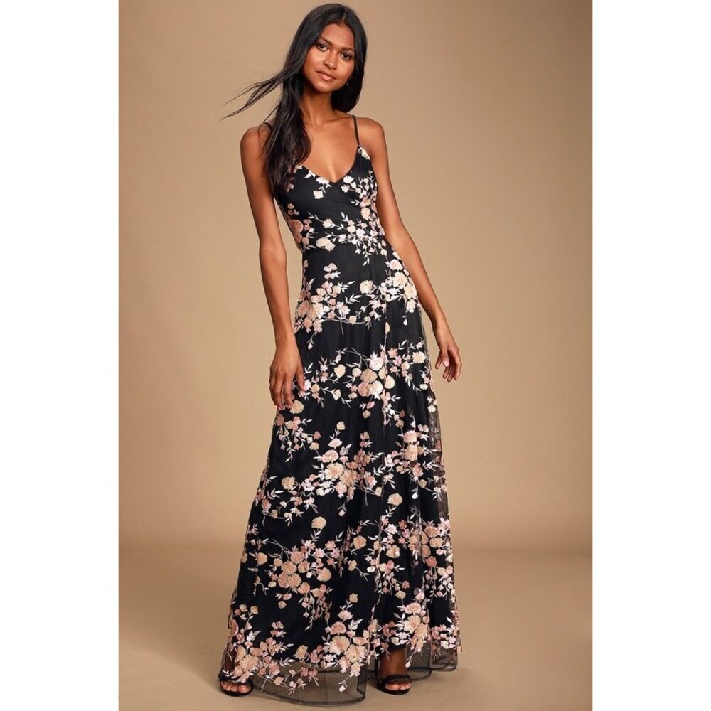 Lulus Glory And Glitz Black Floral Sequin Lace-up Maxi Dress - Size S